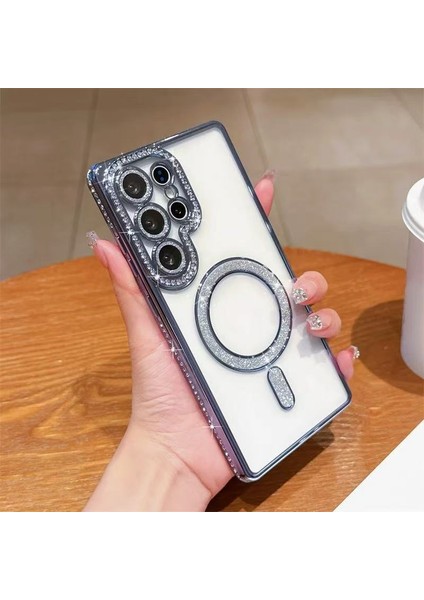 Samsung Galaxy S25 Ultra Uyumlu Taşlı Magsafe Şarj Özellikli Kamera Korumalı Simli Kılıf