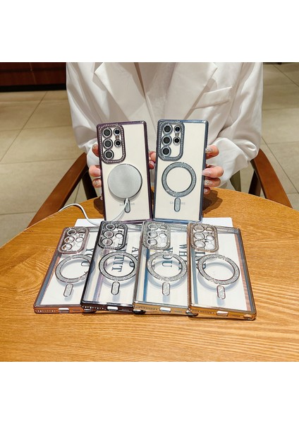 Samsung Galaxy S25 Ultra Uyumlu Taşlı Magsafe Şarj Özellikli Kamera Korumalı Simli Kılıf fiyatları