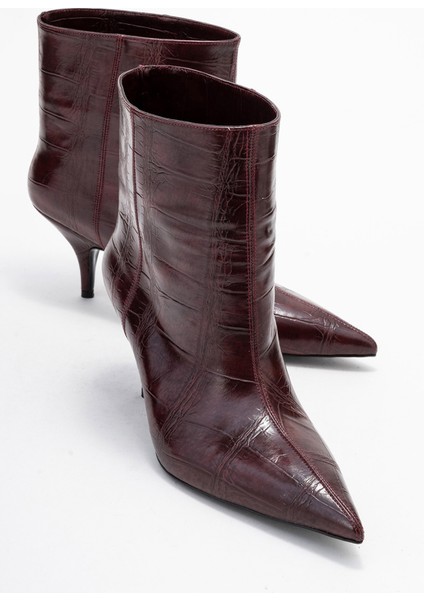 Nuvıa Bordo Baskı Sivri Burunlu Kadın Topuklu Bot