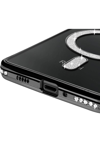 Redmi 14C Uyumlu Taşlı Magsafe Şarj Özellikli Kamera Korumalı Simli Kılıf modelleri