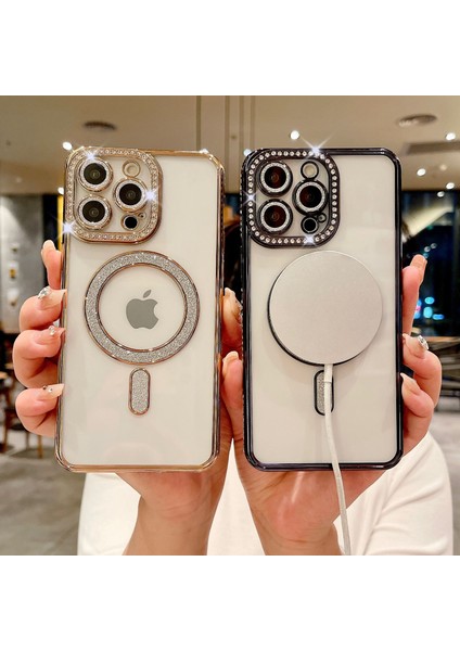 Apple iPhone 15 Pro Uyumlu Taşlı Magsafe Şarj Özellikli Kamera Korumalı Simli Kılıf modelleri