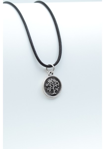 Minimal Hayat Ağacı Gümüş Kaplama Deri Ip Kolye