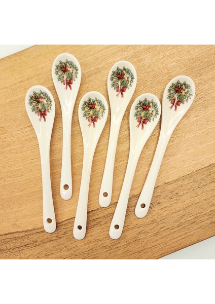 Çiçek Buketi Desen Porselen Mini Kaşık 6'lı