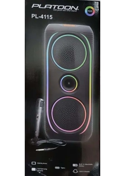 PL-4115 Bt/sd/usb Girişli Rgb Işıklı Mikrofonlu 8x2 16" Speaker