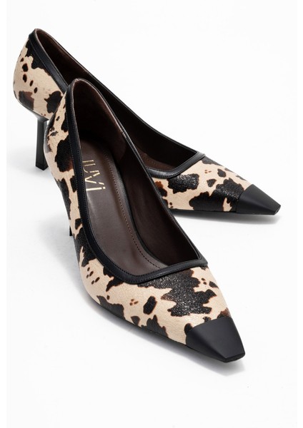 Rona Siyah Bej Desenli Mat Burunlu Kadın Topuklu Ayakkabı