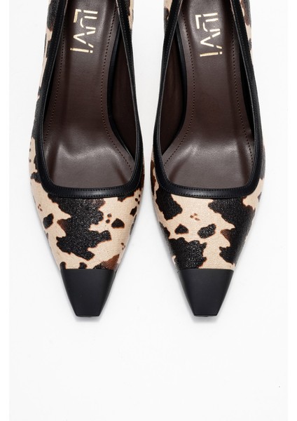 Rona Siyah Bej Desenli Mat Burunlu Kadın Topuklu Ayakkabı fiyatları