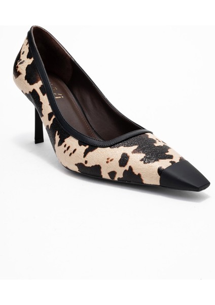 Rona Siyah Bej Desenli Mat Burunlu Kadın Topuklu Ayakkabı modelleri