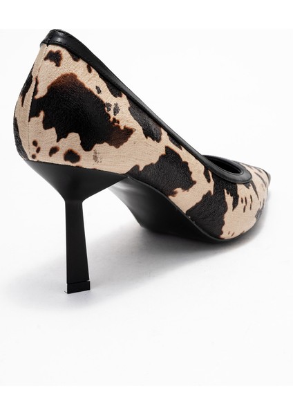 Rona Siyah Bej Desenli Mat Burunlu Kadın Topuklu Ayakkabı indirimleri