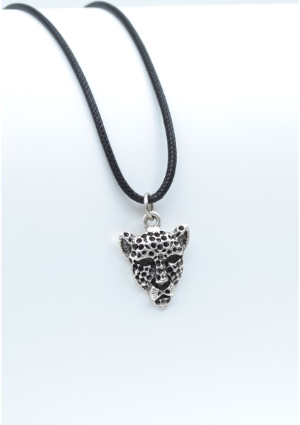 Leopar Gümüş Kaplama Deri İp Kolye