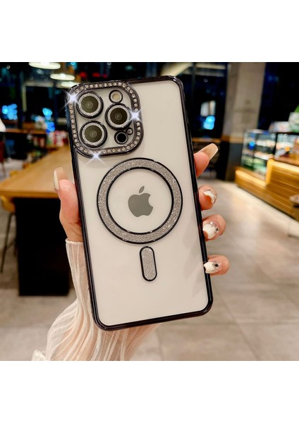 Apple iPhone 15 Pro Max Uyumlu Taşlı Magsafe Şarj Özellikli Kamera Korumalı Simli Kılıf fiyatları