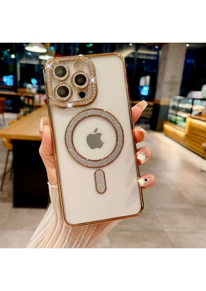 Apple iPhone 15 Pro Max Uyumlu Taşlı Magsafe Şarj Özellikli Kamera Korumalı Simli Kılıf fiyatları