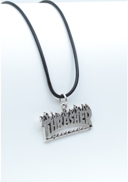 Thrasher Magazine Gümüş Kaplama Deri Ip Kolye