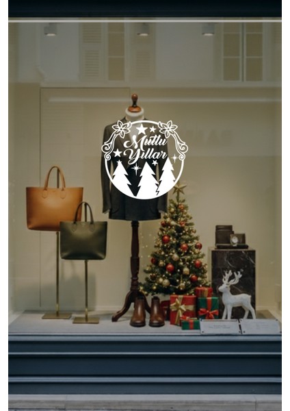 Yeni Yıla Özel Mutlu Yıllar Yazısı Yılbaşı Ağacı Süslemeleri Yılbaşı Cam Vitrin Stickerı