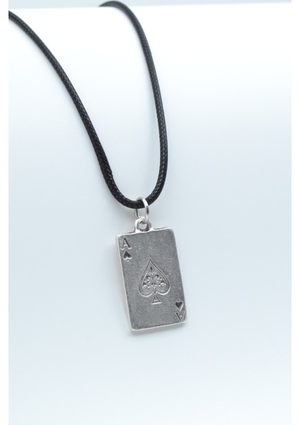 Maça As Poker İskambil Gümüş Kaplama Deri İp Kolye