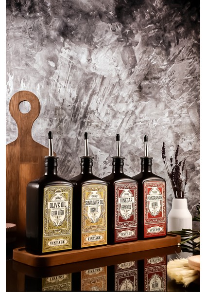 New Premium Serisi Ahşap Stantlı 500ML Zeytinyağı,ayçiçek Yağı, Sirke, Nar Ekşisi Şisesi Set fırsatları