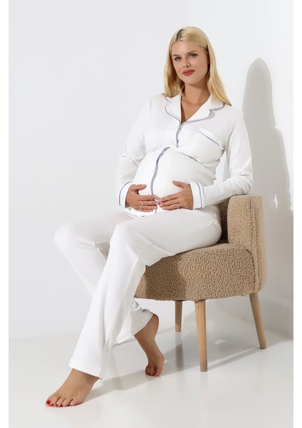 Interlok Düğmeli Hamile Lohusa Uzun Kol Pijama Takımı 1354-01 fiyatları