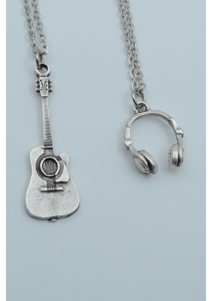2'li Klasik Akustik Gitar Kulaklık Gümüş Kaplama Kolye Seti