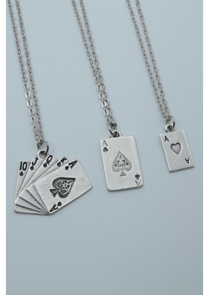 3'lü Maça As Poker Iskambil Gümüş Kaplama Kolye Seti