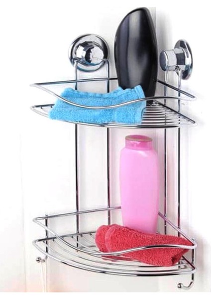 Vakumlu Iki Katlı Kancalı Banyo Köşe Rafı