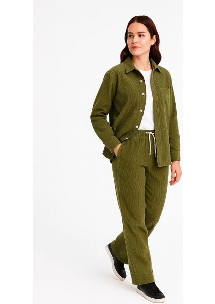 Kadın Kadife Oversize Takım - Gömlek ve Pantolon Ikili Set Haki