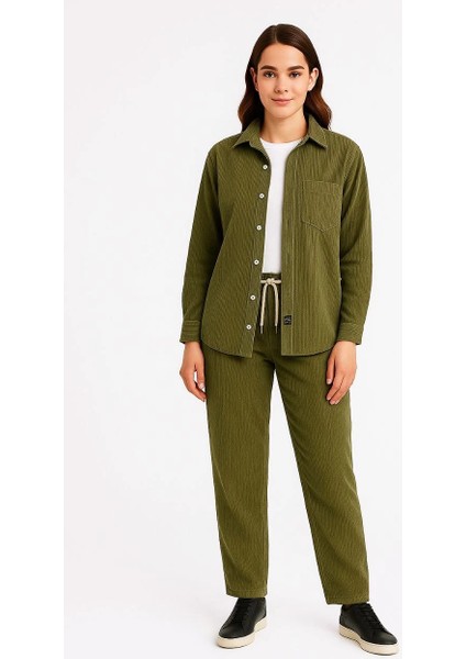 Kadın Kadife Oversize Takım - Gömlek ve Pantolon Ikili Set Haki fiyatları