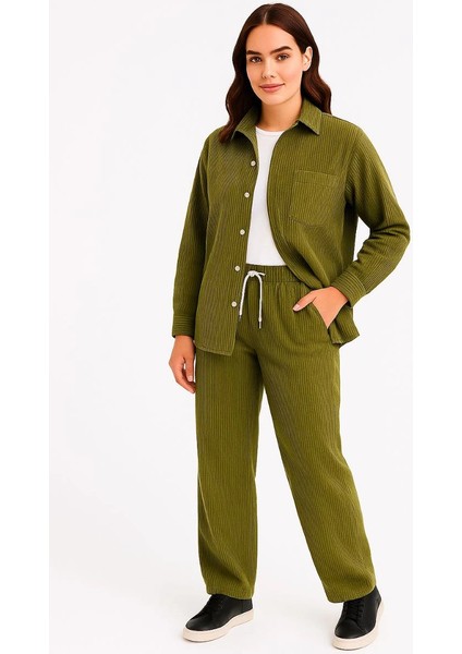 Kadın Kadife Oversize Takım - Gömlek ve Pantolon Ikili Set Haki modelleri