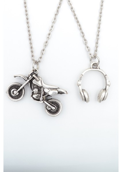 2'li Cross Motor - Motorsiklet - Kulaklık Gümüş Kaplama Kolye Seti