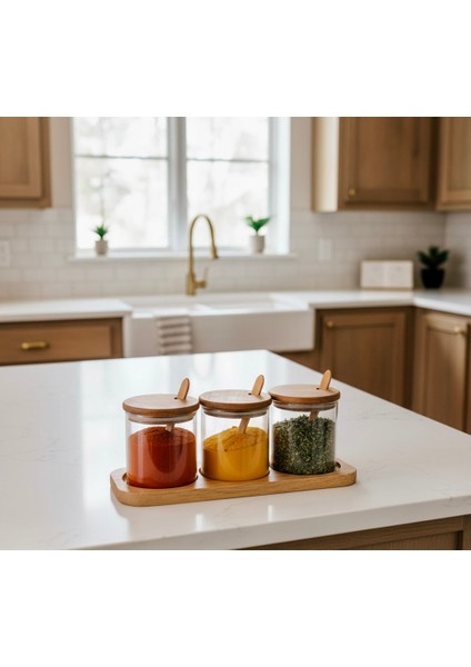 3’lü Kaşıklı Bambu Standlı Baharatlık Seti – Cam Kavanoz, Sağlıklı, Şık ve Pratik