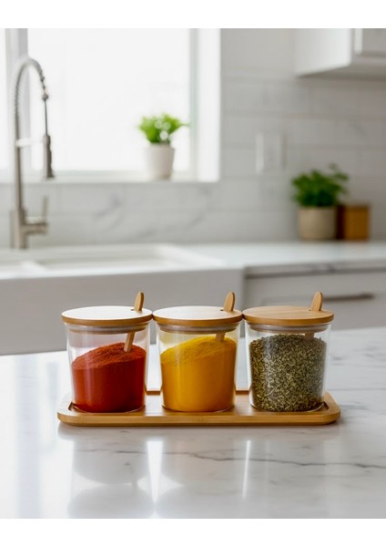 3’lü Kaşıklı Bambu Standlı Baharatlık Seti – Cam Kavanoz, Sağlıklı, Şık ve Pratik