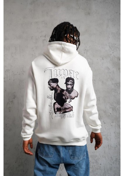 Erkek Oversizekapüşonlu Sweat - Kol ve Etek Ribana Detaylıbeyaz