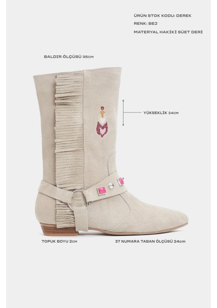 Derek Bej Süet Hakiki Deri Nakış Püskül Detay Düz Taban Kadın Bot modelleri