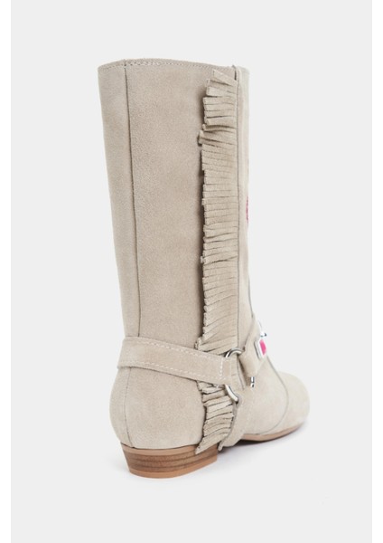 Derek Bej Süet Hakiki Deri Nakış Püskül Detay Düz Taban Kadın Bot indirimleri