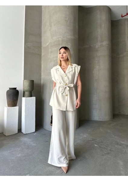 Keten Sıfır Kol Kuşaklı Ceket Pantolon Ikili Takım - Beyaz modelleri