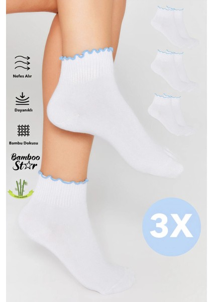 Bambu Kadın Beyaz Patik Lastiksiz Dikişsiz Mavi Fırfırlı Beyaz Çorap 3lü Premium Paket