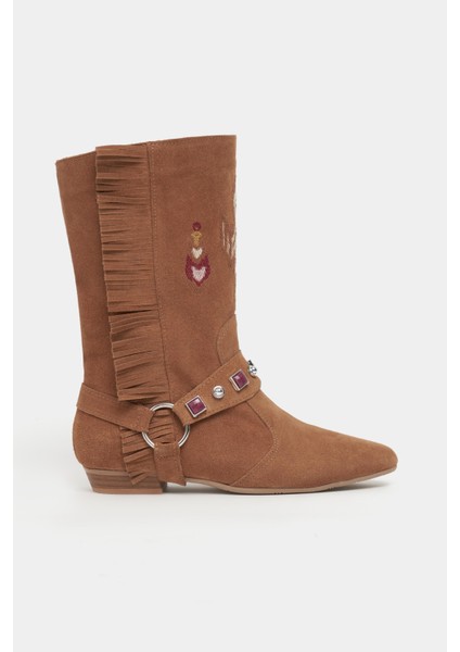 Derek Taba Süet Hakiki Deri Nakış Püskül Detay Düz Taban Kadın Bot