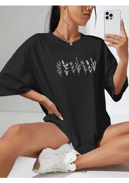 Kadın Baskılı Oversize T-Shirt - Siyah