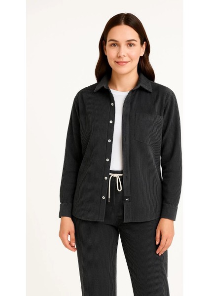 Kadın Kadife Oversize Takım - Gömlek ve Pantolon Ikili Set Siyah fırsatları