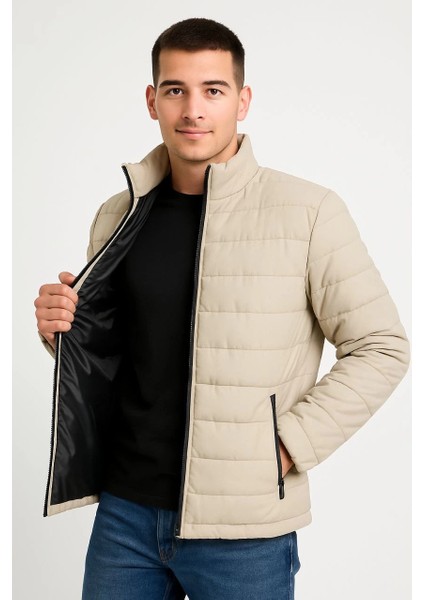 Erkek Bomber Mont Ceket - Su Itici Kumaş, Kapitone Astarlı, Fermuarlı, Kışlık - Bej