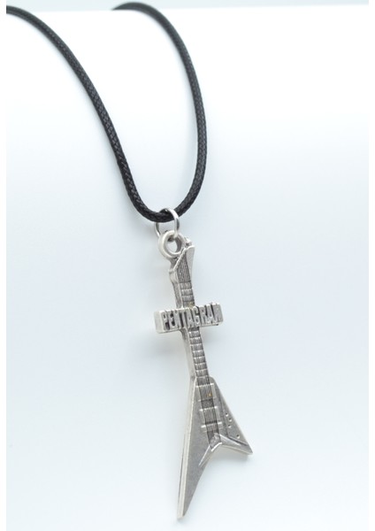 Pentagram Elektro Gitar Gümüş Kaplama Deri Ip Kolye