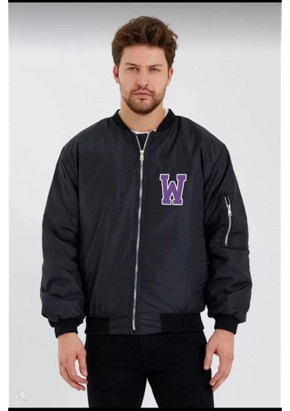 Wild One Baskılı Erkek Bomber Mont - Panter Desenli, Fermuarlı, Kapitone Astarlı Ceket - Siyah