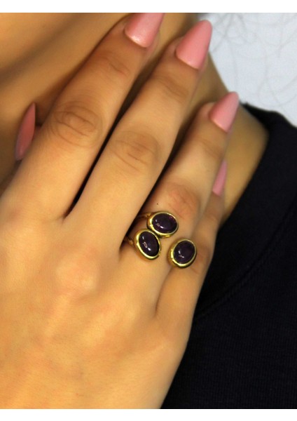 Doğal Taş Ametist Üçlü Doğal Taşlı Antik Model Kadın Ayarlanabillir Yüzük EUY76AMT