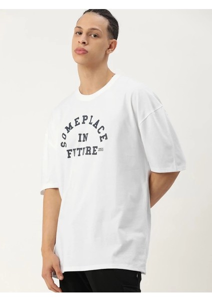 Erkek Baskılı Oversize T-Shirt - Beyaz