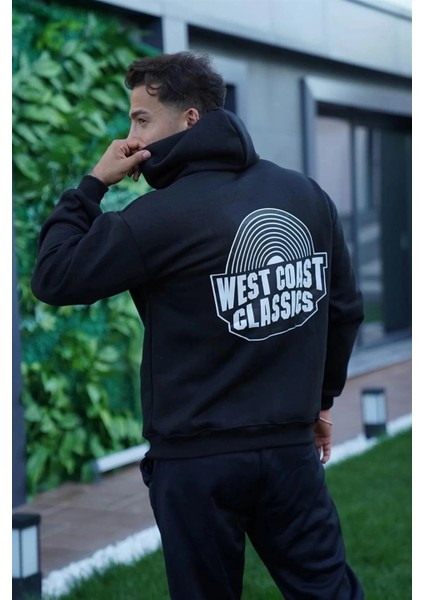 Erkek Oversize Kapüşonlu Sweatshirt - Siyah Sırt ve Ön Baskılı-Siyah modelleri