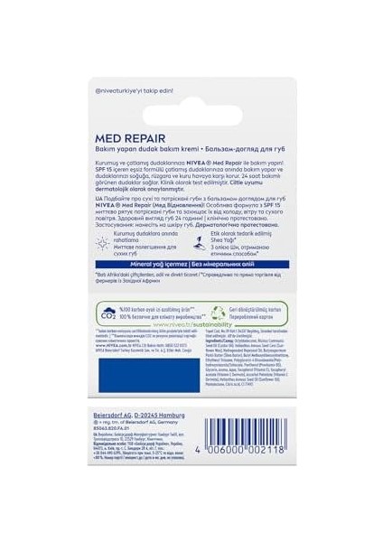 Nıvea Med Repair Dudak Bakım Kremi, 24 Saat Nem,doğal Yağlar ile Çatlamış Dudak Bakım,spf 15 (4,8 Ml)