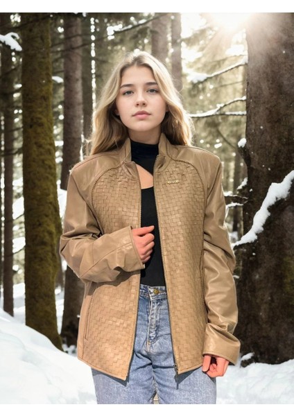 Kadın Fileli Deri Ceket - Krem