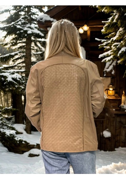 Kadın Fileli Deri Ceket - Krem fiyatları