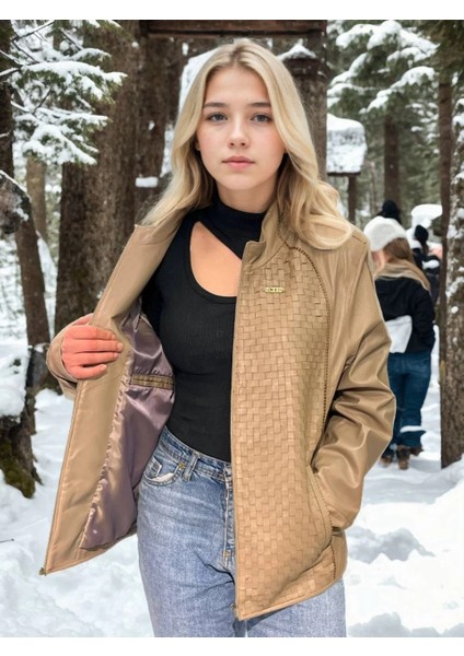 Kadın Fileli Deri Ceket - Krem modelleri