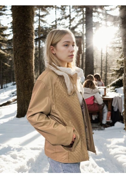 Kadın Fileli Deri Ceket - Krem fırsatları