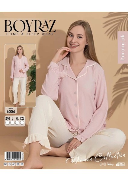 Pudra Bürümcük Kumaş Uzun Kollu Kadın Pijama Takımı