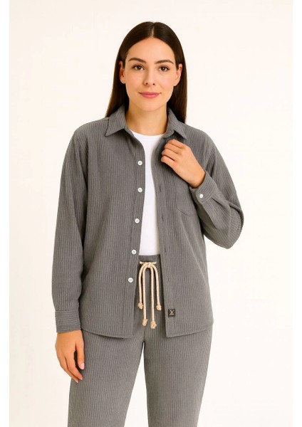 Kadın Kadife Oversize Takım - Gömlek ve Pantolon Ikili Set Füme